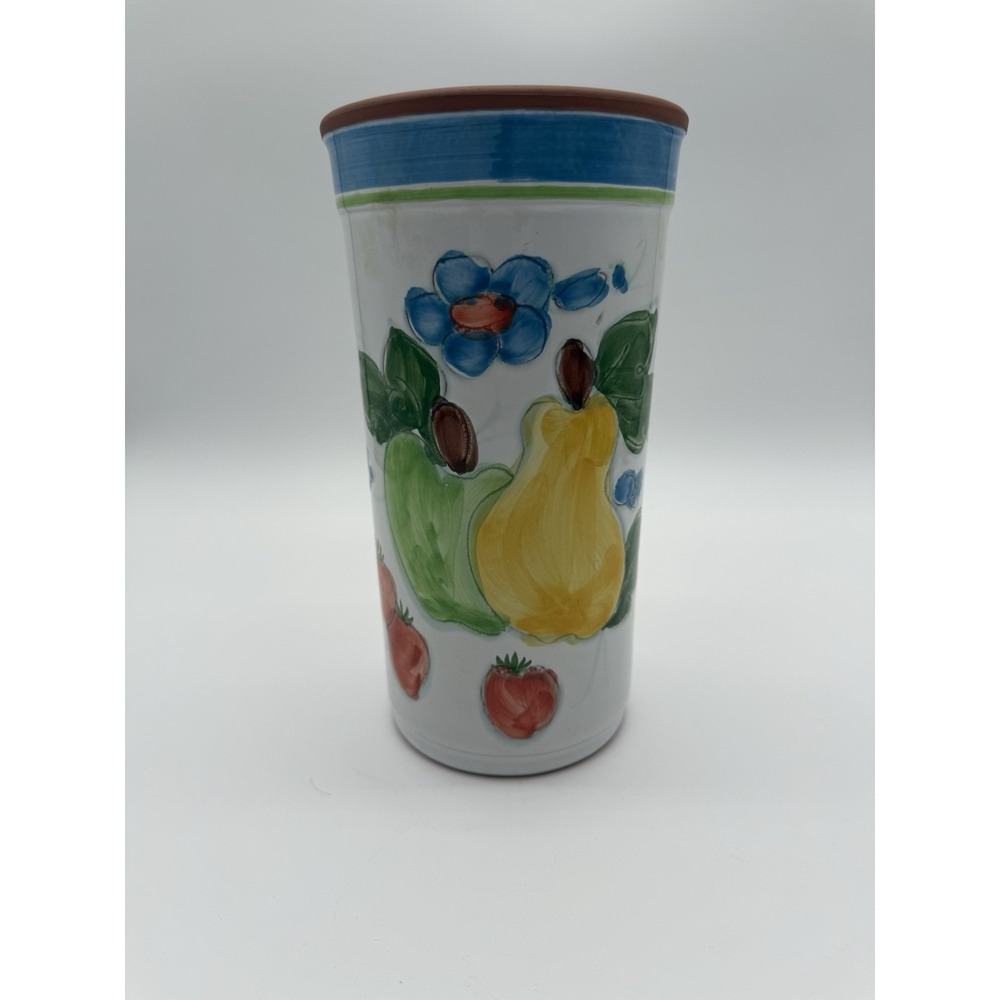 Vintage  Glazed Terracotta Wine Cooler Fruit Motif Italy Utensil Holder